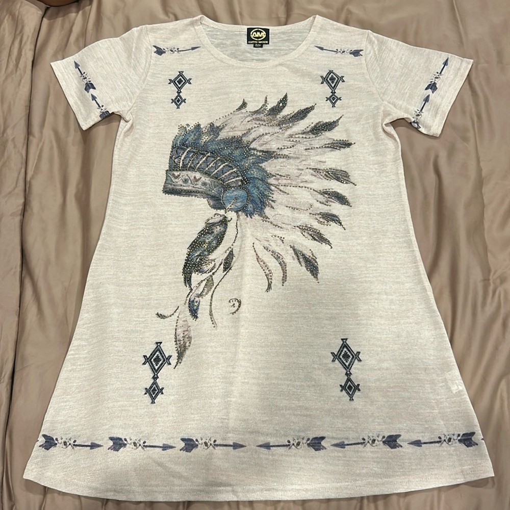 Long Sheer Woman’s Top Bidazzled With Indian Aztec Design Size Small Medium